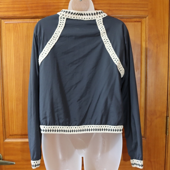 Free People Navy Blue Crochet Trim Zip Front Cropped Bomber Jacket Medium - Picture 13 of 16